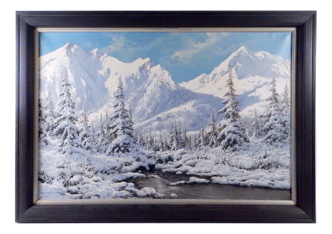 Winter Mountain Landscape, Oil on Canvas: Featuring a running creek at the foothills of alpine peaks. Signed bottom left. [Sight: 23 3/4" H x 35 3/4" W; Frame: 29 1/2" H x 41 1/2" W]. Very minor abrasions.