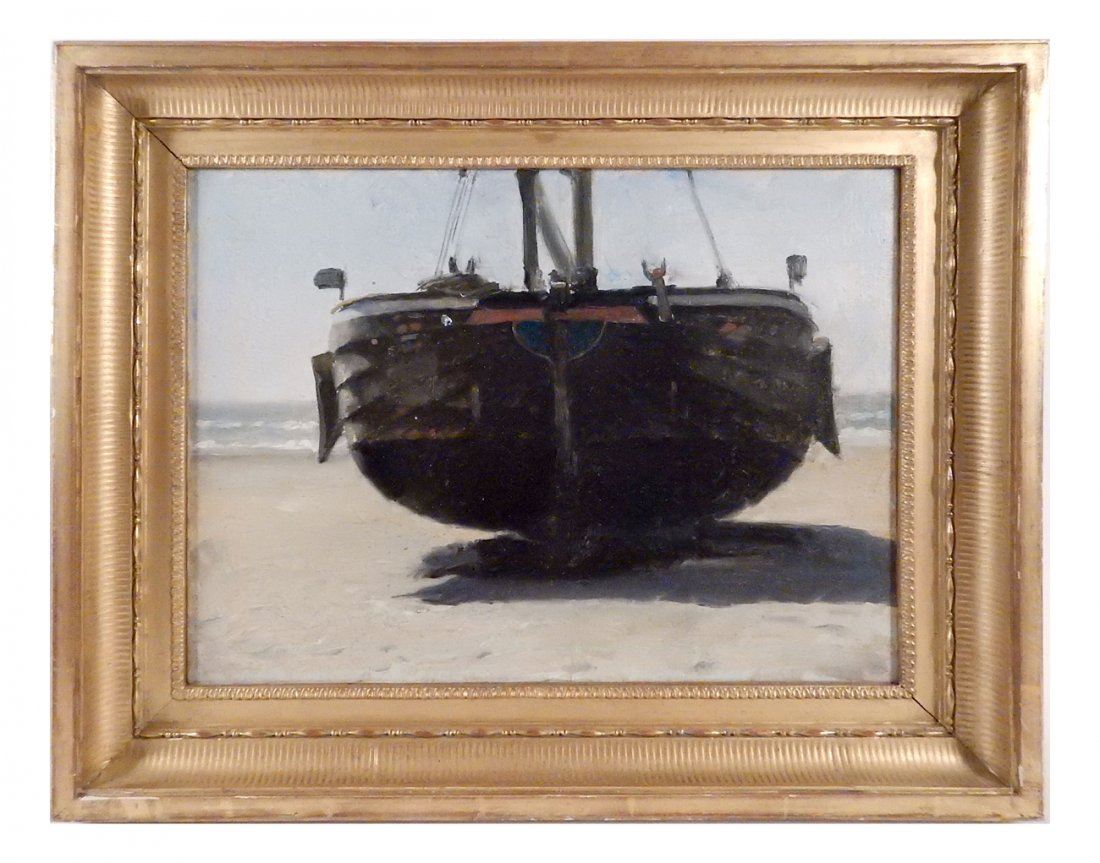 William Edward Norton, Beached Ship: Oil on canvas featuring the stern of a large sailboat. Signed and inscribed 'W.E. Norton Atelier' bottom left. [Sight: 12" H x 15 3/4" W; Frame: 17" H x 20 3/4" W]. Surface grime.