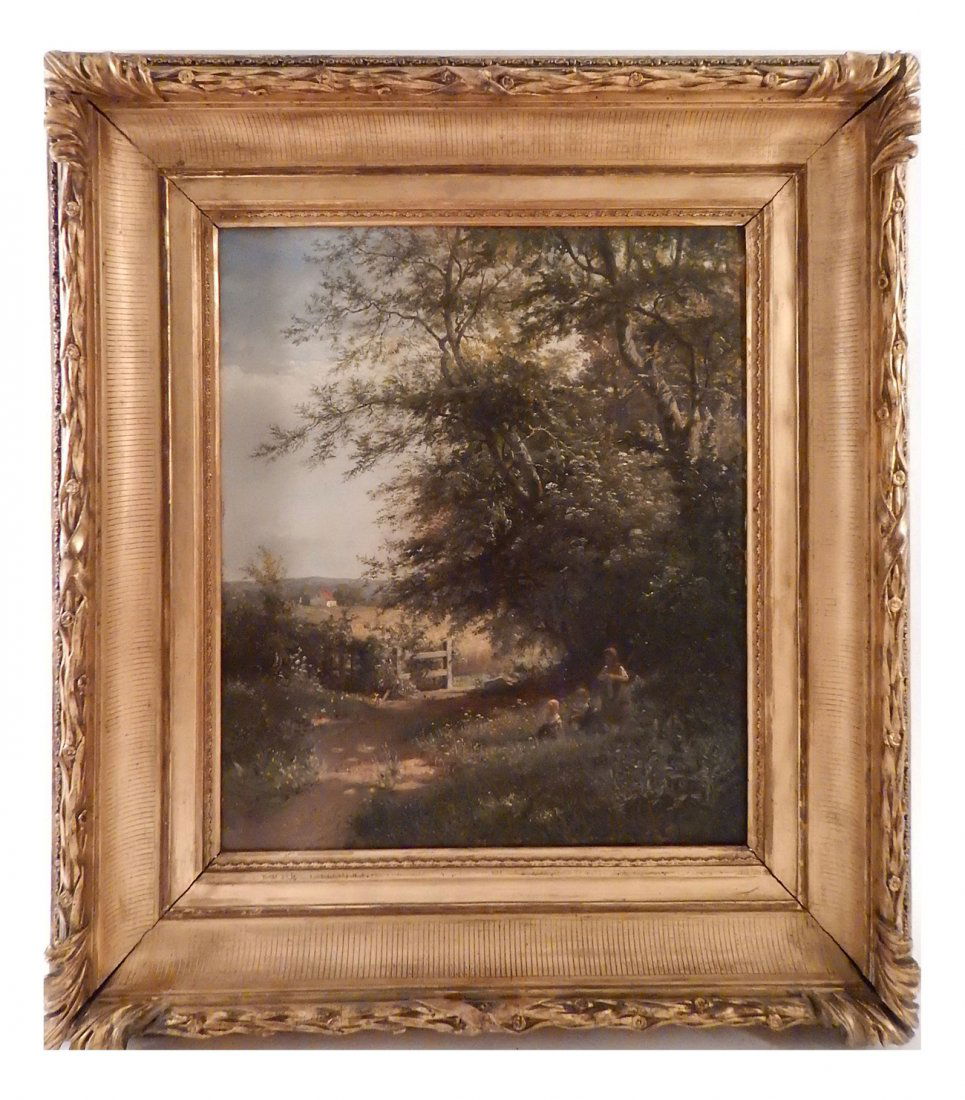 Rural Landscape, Oil on Canvas: Featuring figures in a lush landscape with trees hanging over a rural path. [Sight: 18 3/4" H x 16 3/4" W; Frame: 28 3/4" H x 26 1/2" W]. Light surface grime.