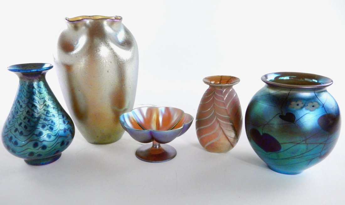 5 Iridescent Glass Vases and Bowl: Includes F. Corder, Lundberg, and others. [Largest: 5" Dia x 7 1/2" H]. Conditions vary, minor imperfections, otherwise in generally good condition.