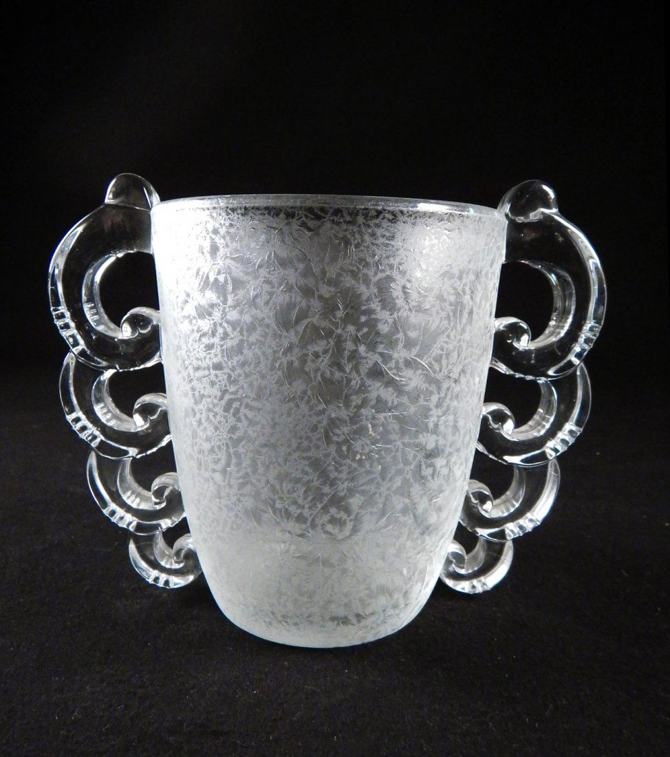Daum, Nancy - Handled Vase: Etched with two large handles. Inscribed 'Daum Nancy' on bottom. [9" W x 5 3/4" D x 7" H]. Wear on bottom.