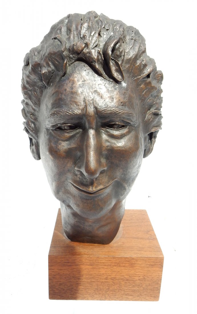 T. Anton, Head of a young Golda Meir: T. Anton, bronze sculpture, head of Golda Meir mounted on wood base. Signed lower right. [Sculpture: 15 1/4" H; Base: 8" x 7" x 4" H]. From Martin Parker / Spencertown Art and Antique Company.