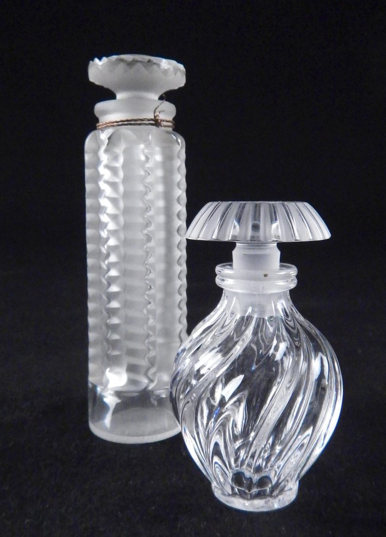 R. Lalique and other, Perfume Bottles: Includes R. Lalique etched bottle and painted "Tzigane", "Corday", "Paris". [1 1/4" Dia x 4 1/2" H]. Wear to paint.
