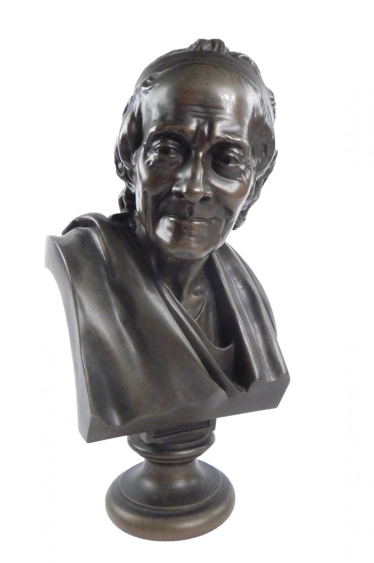 After Jean-Antoine Houdon, Voltaire Bust: Bust of Voltaire on an integral pedestal base. Marked on back 'F. Barbedienne Fondeur" and stamped lower down with foundry mark 'Reduction Mecanique/A. Collas Brevete". [5" W x 4 1/4" D x 11 1/4" H].