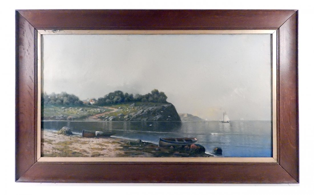 K.E. Felix, Quiet Shoreline: Oil on canvas featuring two rowboats anchored in a quiet bay with sailboats in distance. Signed bottom left. [18" H x 32 3/4"; Frame: 25" H x 39 3/4" W]. Craquelure, surface grime.