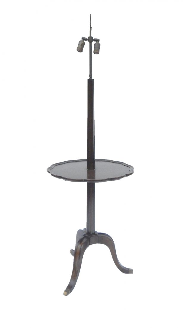 Mahogany Floor Lamp with Integral Table: Fluted shaft with pie crust-form table at mid-height. [19 1/2" Dia x 60" H]. Bears nicks and abrasions.