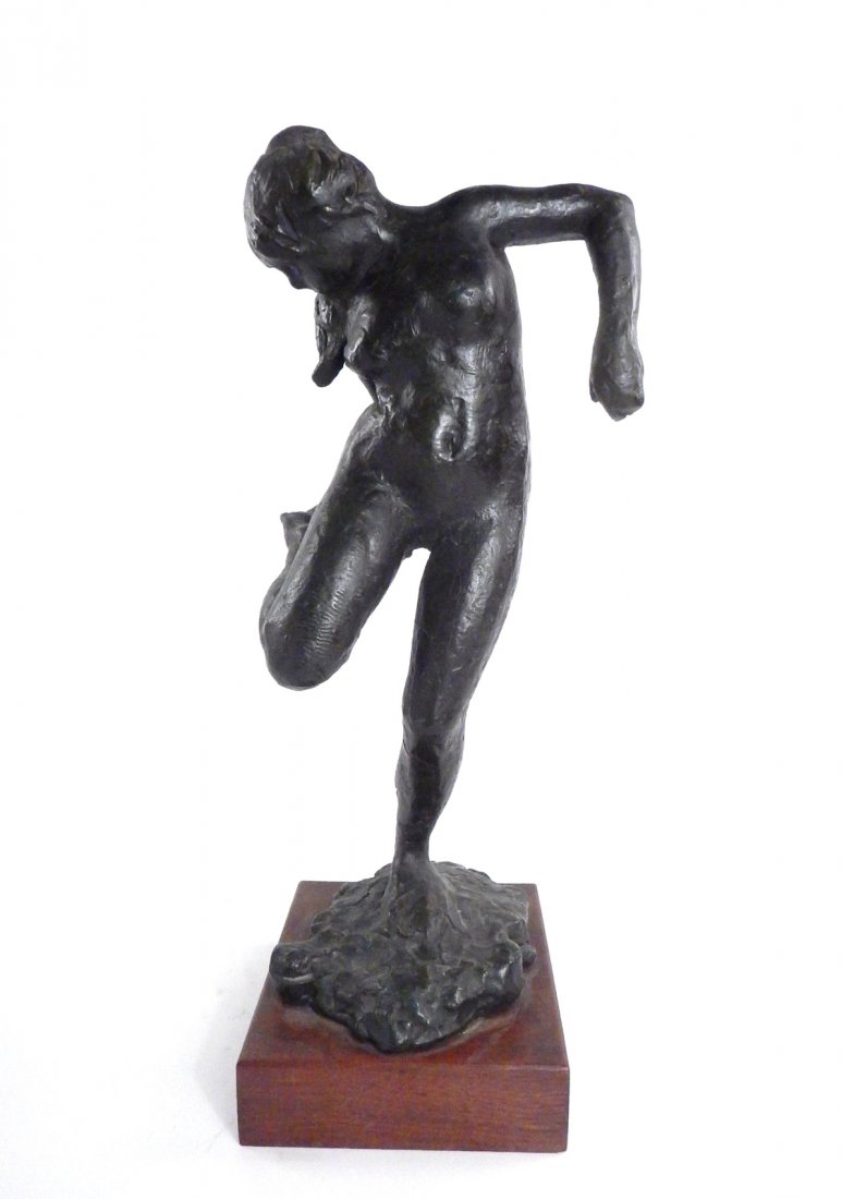 Composite Female Nude Sculpture: Featuring a female grabbing her feet in a stretching position, mounted on wood base. [7 1/2" W x 7 1/2" D x 20 1/2"]. Sold "as is".