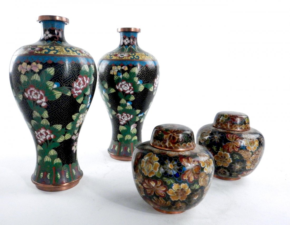 Two Pairs of Cloisonne Jars: Urn-form vases and lidded ginger jars. [Larger: 9" H. Ginger jars: 4" H]. In good condition.