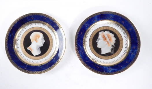 Two Sevres Plates, "Service Iconographique Grec": Two Sevres "Service Iconographique Grec" dessert plates. Circa 1812-1819 Featuring profiles of Roman classical figures 'Ciceron' and 'Celon'. [9 1/4" Dia]. Ciceron plate bears a 2 3/4" wide restoratio