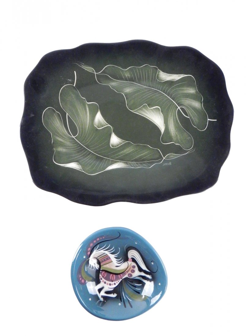 Two Pieces Sascha Brastoff Pottery: Comprises: 1.) Sascha Brastoff California pottery bowl with hand-painted horse. 2.) Large green platter with leaves, signed "Sascha B.".