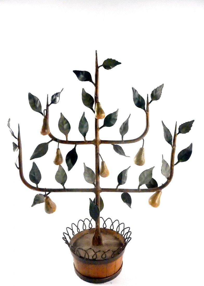 Tole Pear Tree Centerpiece: Tole centerpiece in pear tree form. [16" L x 19" H]. In overall good condition.