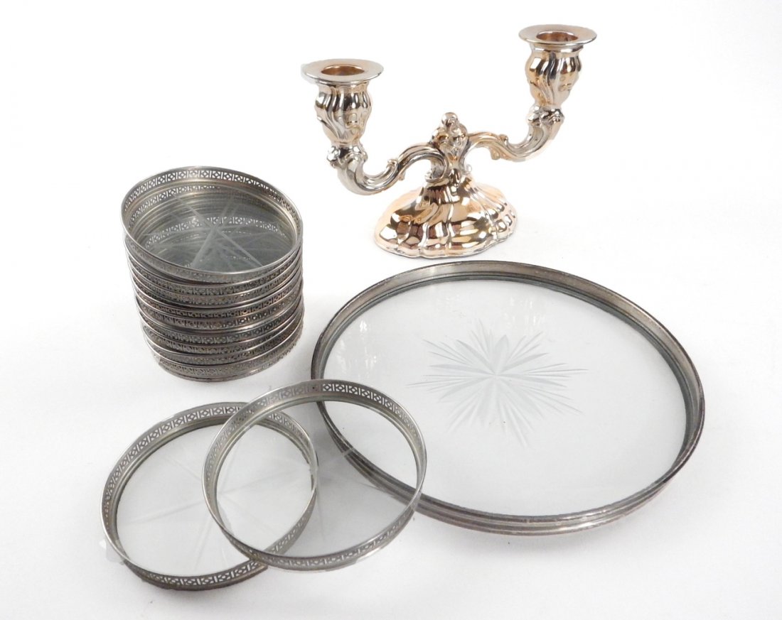 Single Candelabrum and 13 Coasters: Comprises silver-plated double candelabrum and 13 silver-plated coasters.