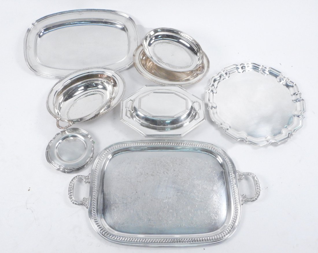 Assorted Silver Plate Items: Includes 3 casserole dishes, plates and trays.