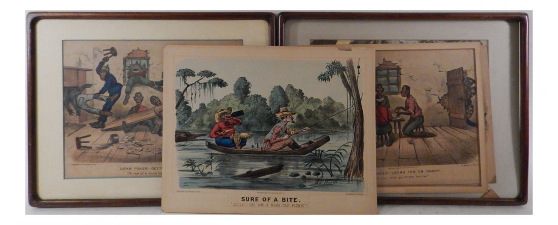 Three Currier & Ives Prints: Includes "Drawer Poker, Layin for em Sharp"; "Draw Poker - Getting 'em Lively"; and "Sure of a Bite". Creases, tears and foxing. Frames and mounting "as is". One unframed.