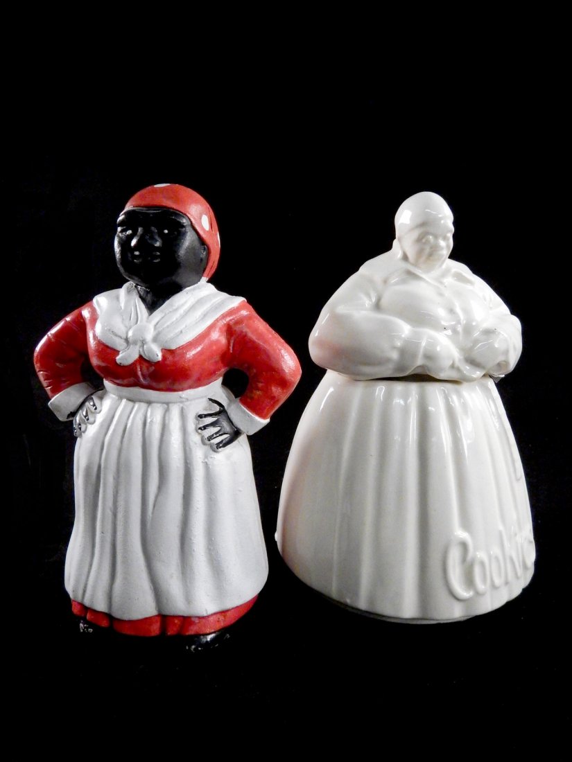 Iron Bank and Cookie Jar: Comprising a red and white bank depicting Aunt Jemima, and a porcelain cookie jar. Paint losses, otherwise in overall good condition.
