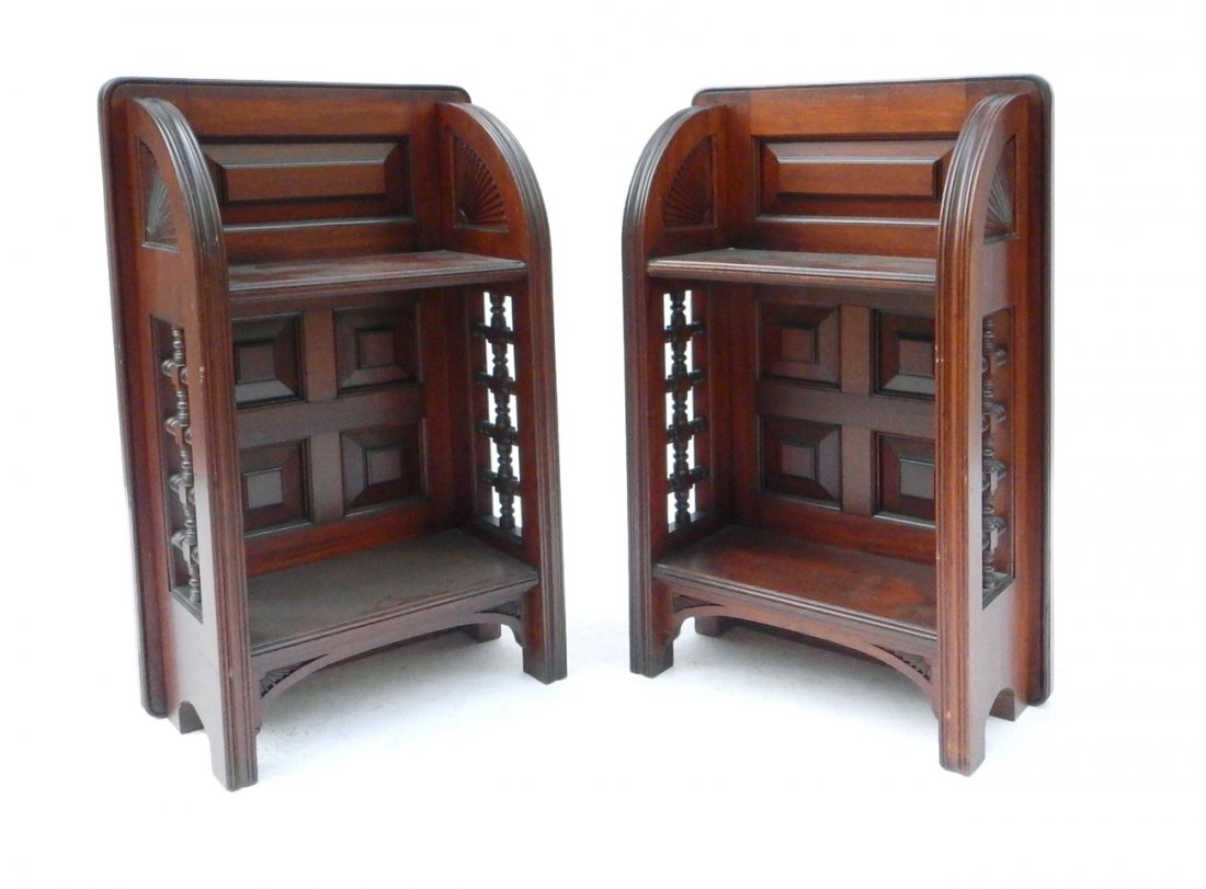 Pair of Aesthetic Bookcases: Pair of mahogany incised bookcases with turned spindle-form motif on sides. In good condition.