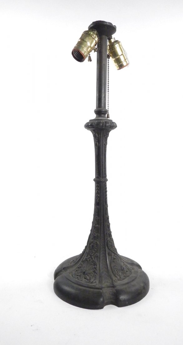 Vintage Renaissance Revival Table Lamp Base: Patinated zinc columnar table lamp base with low relief classical inspired ornament. [8 5/8" Dia x 21 3/4" H]. Missing shade, top cap and finial.