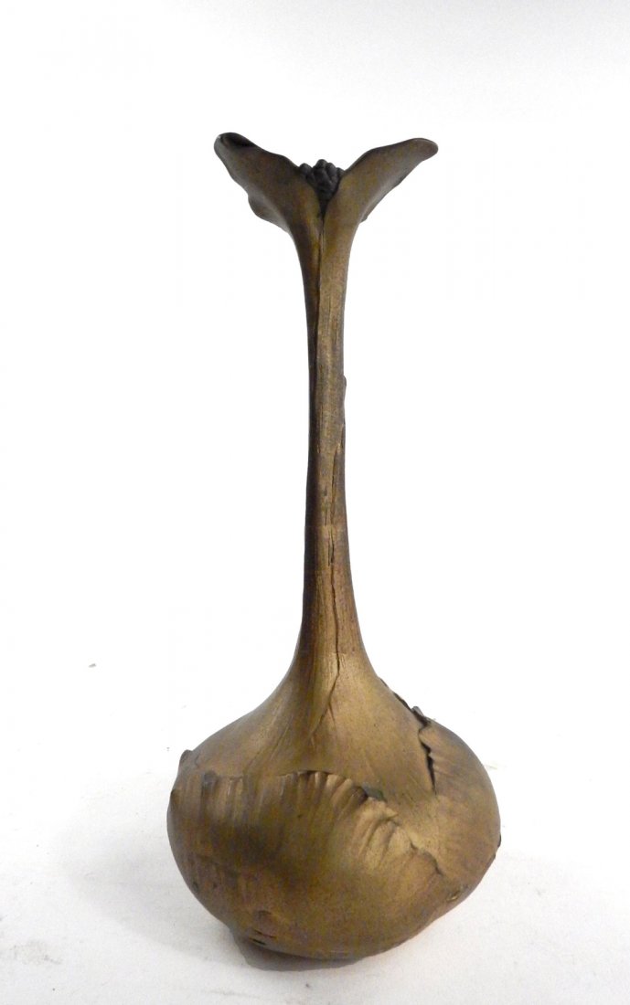 French Art Nouveau Bronze Vase: Patinated bronze mantle vase. Signed "Gautuche" and stamped "Suisse Freres Editeurs Paris". [4" Dia x 9" H]. Light wear, oxidation.