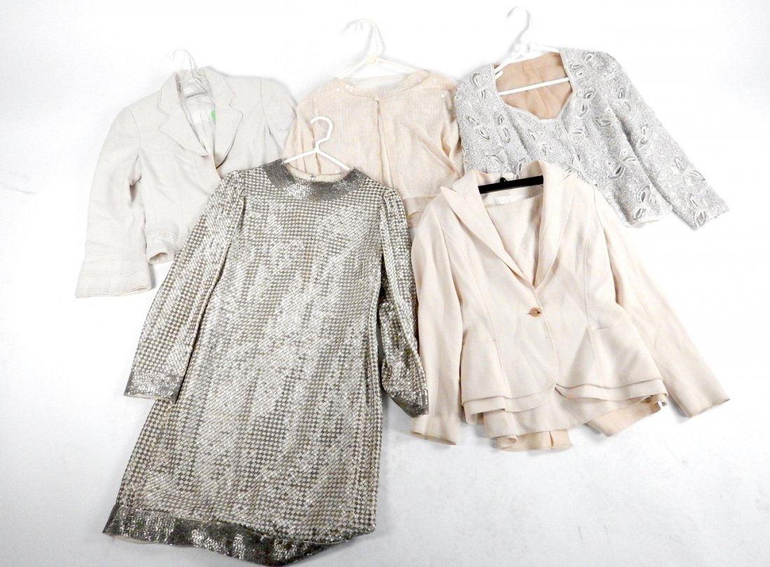 3 Women's Blazers, Dress, Skirt: Vintage women's clothing comprising 3 blazers, 1 dress, and 1 skirt suit. Wear as with age.