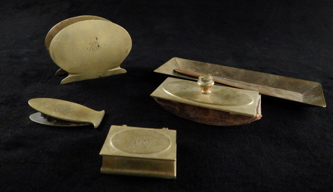 Group of 6 Desk Accessories: Including pen tray, letter opener, blotter, hinged box, paper clip, and letter holder.