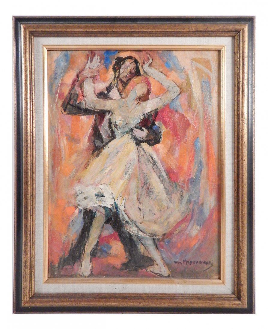 William Meyerowitz, Dancers: Oil on canvas board depicting dancers in motion. Signed bottom right. [Sight: 15 3/4" H x 11 3/4" W; Frame: 20 1/2" H x 16 1/2" W]. Surface grime.