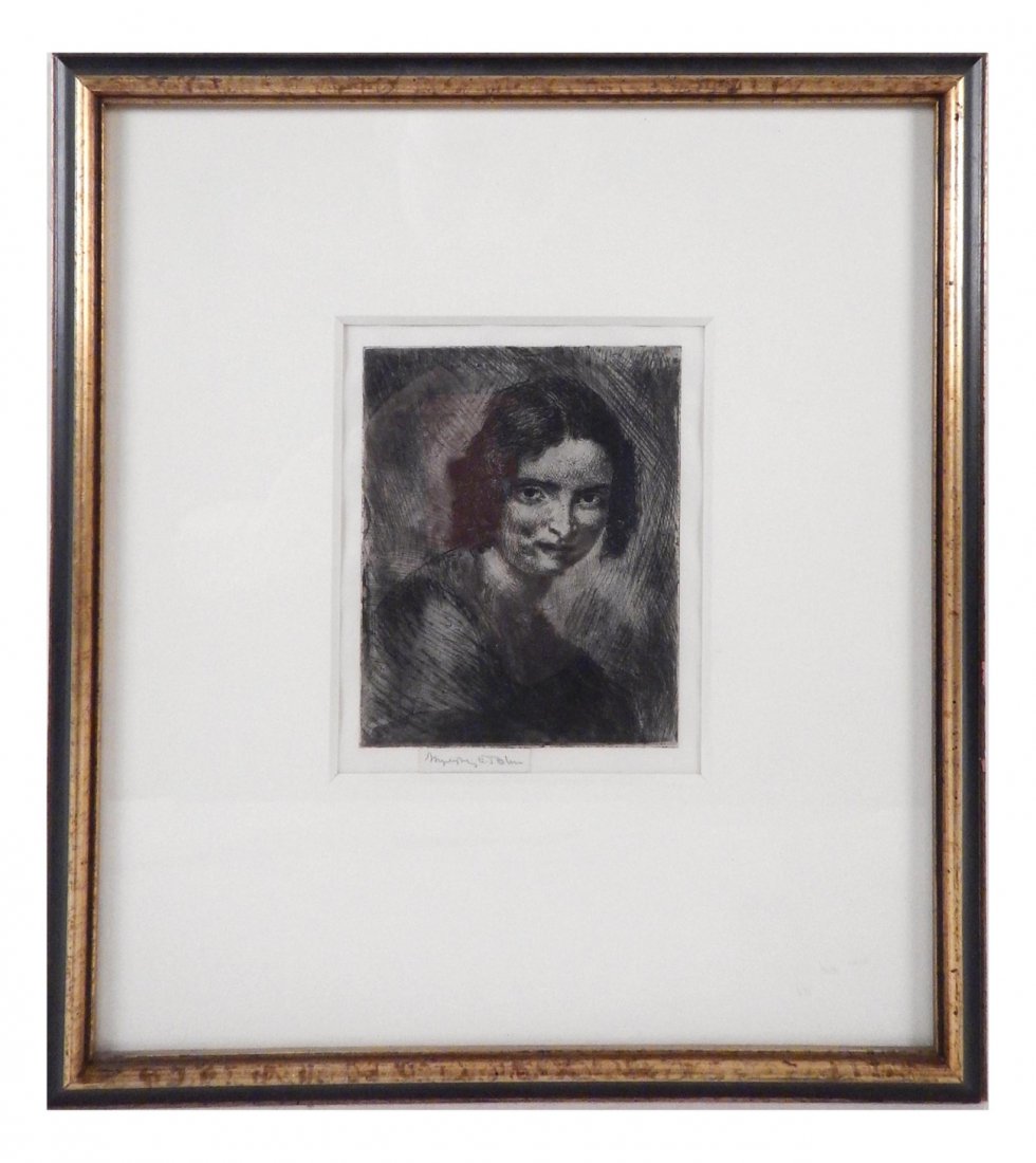 Augustus Johns, Girl with Curls: Etching depicting a girl with curls. [Sight: 5 1/2" H x 4 1/2" W; Frame: 12 1/2" H x 11 1/2" W]. Very light toning.