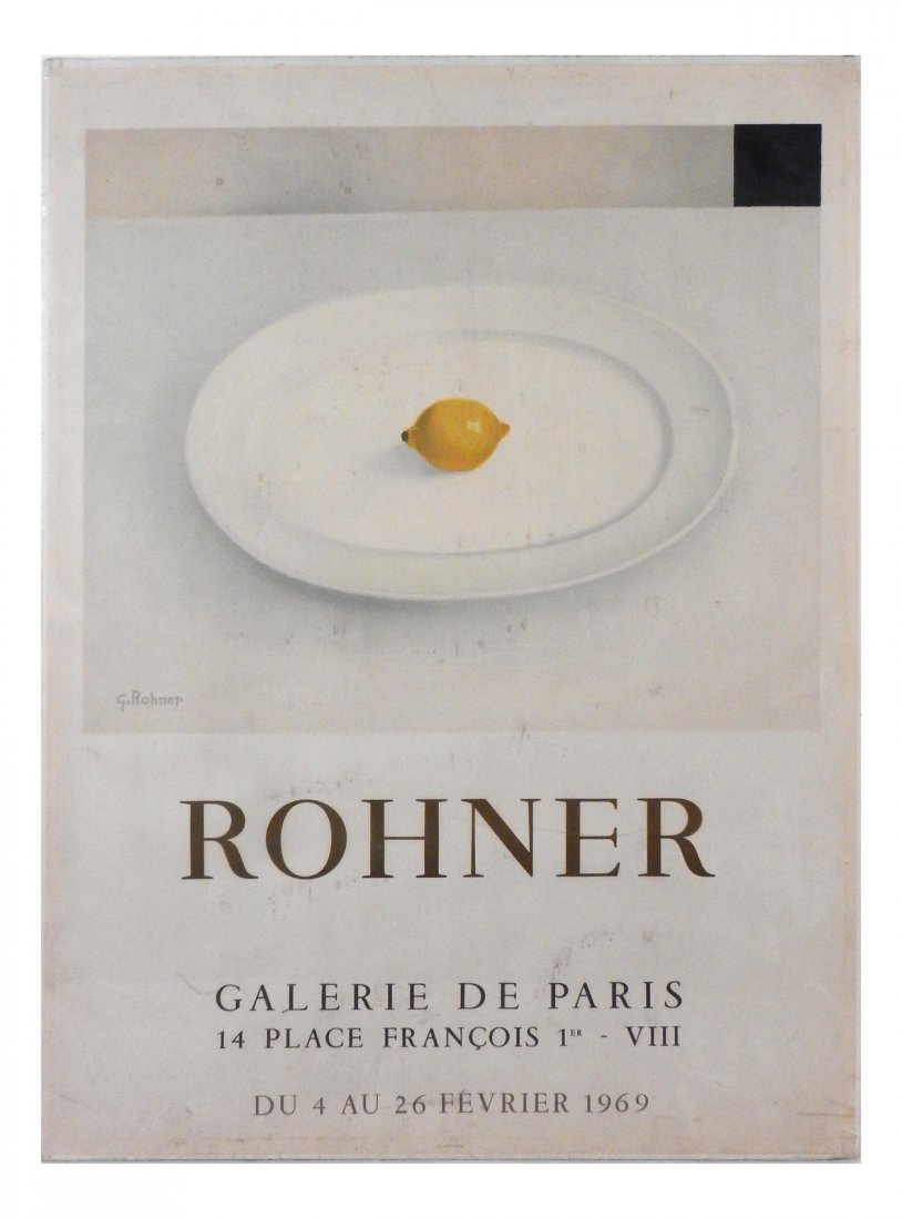 Vintage Exhibition Poster: Featuring an image by and exhibition for Georges Rohner, at the Galerie de Paris in 1969. Unframed. [Art: 28" H x 21 1/2" W]. Surface grime.