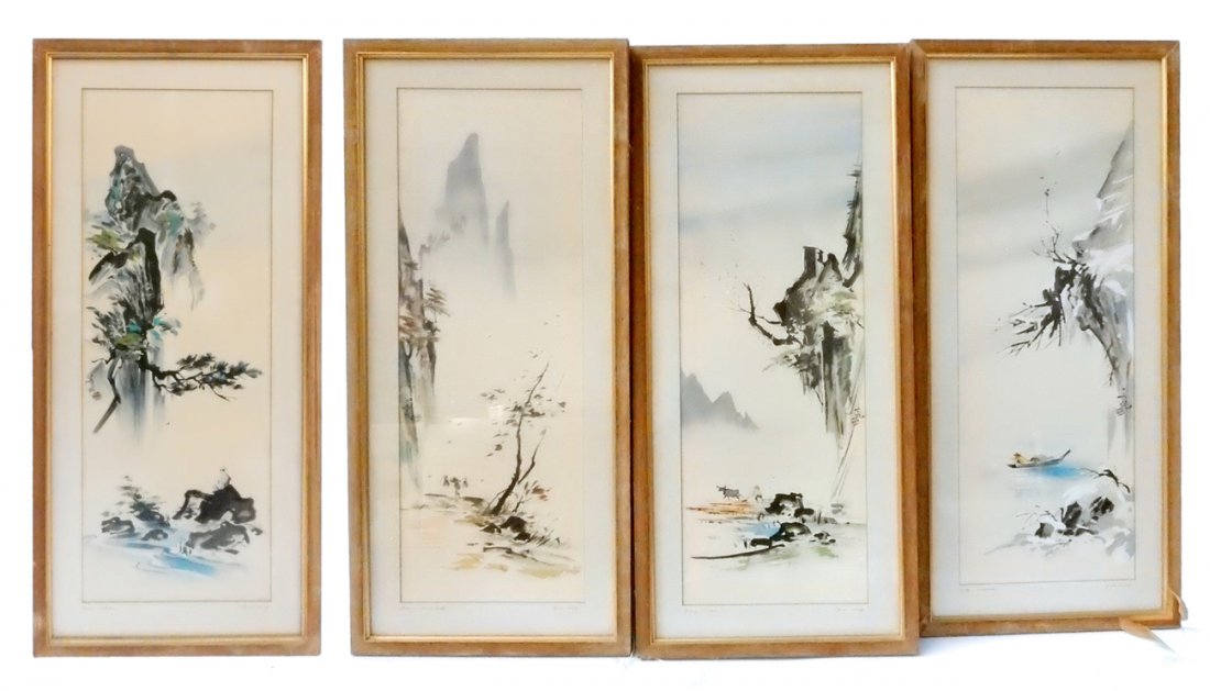 Tyrus Wong, "Four Seasons" Watercolors: Four framed watercolors: 1.) "Winter Fisherman". 2.) "Autumn Wood Gatherer". 3.) "Spring Farmer". 4.) "Summer Scholar". [Each: 15 1/2" x 33" H]. From Martin Parker / Spencertown Art and Antique Compan