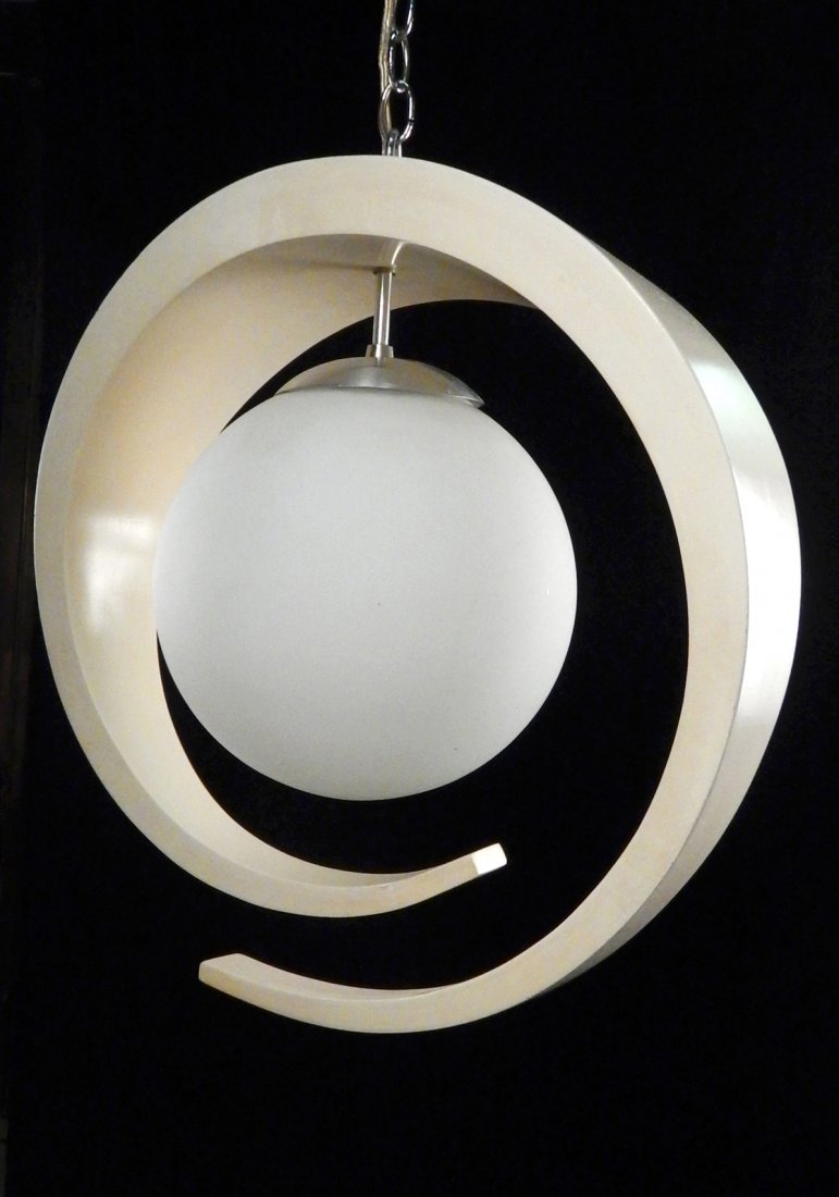 Modern Hanging Light Fixture: Spherical shade inside a lacquered ring. [19" Dia x 6 1/2" D]. Craquelure, scuffs, light wear.