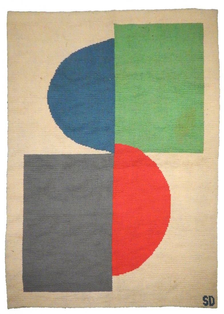 Sonia Delaunay - Tapestry: Featuring solid geometric design, signed "SD" in weave bottom right. [83" x 59"]. Areas of soiling, loose stitching at center.