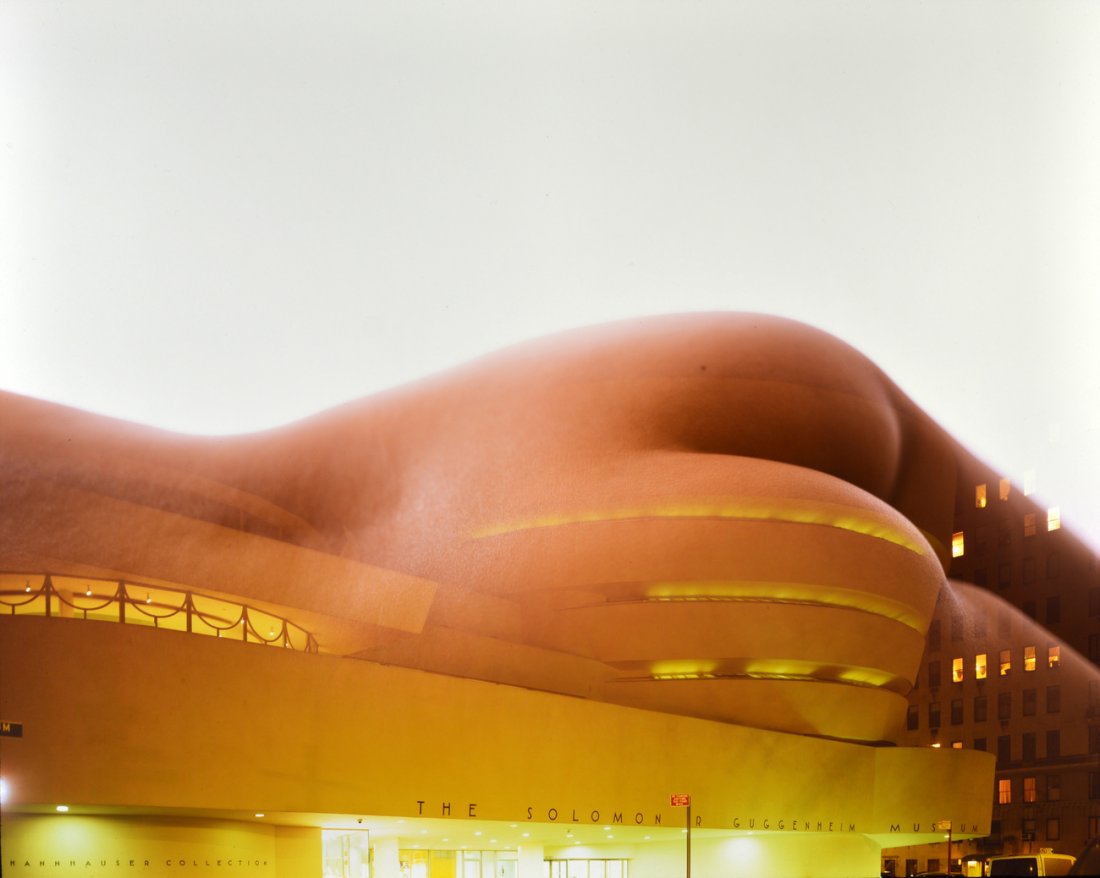 Michael Colavito - "Landmark": Fine art print featuring the facade of the Guggenheim Museum blended with a female nude, mounted on dibond. [24" x 30"]. In good condition.