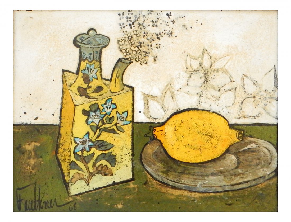 Henry Faulkner - Lemon & Flowered Bottle: Oil on masonite still life of lemon and flowered battle, gallery tag on verso. [Sight: 10 1/4" x 13 1/4"; Frame: 15 1/2" x 18 1/2".] Surface grime.