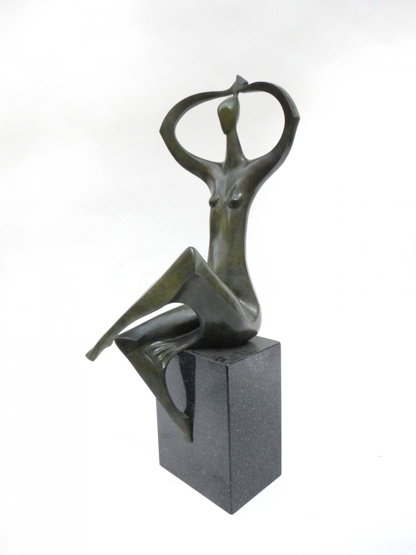Isaac Kahn, Bronze - Sculpture: Patinated female figure seated on a hardstone pedestal. [Without pedestal: 40" x 19" D x 16" W]. In good condition.