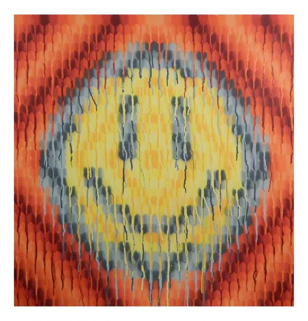 Victor Ving - "Positive": Acrylic and spray paint on canvas, featuring an iconic image in drip-style spray paint, signed on verso, unframed. [32" x 32"]. In good condition.