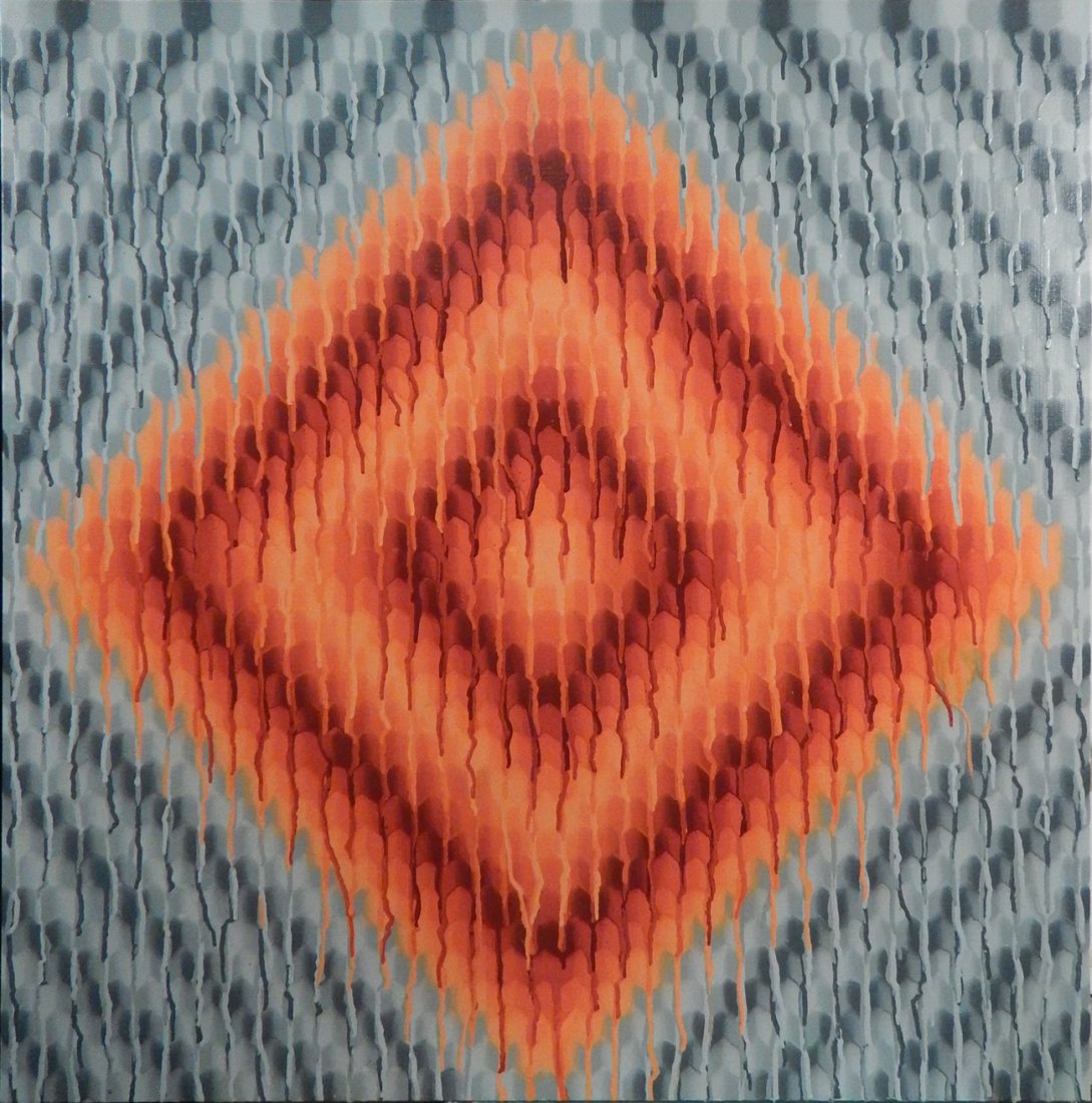 Victor Ving - "Blood Orange Diamond": Acrylic and spray paint on canvas, featuring a diamond-form image in drip-form spray paint. Signed on verso, unframed. [Art: 36" x 36"]. In good condition.