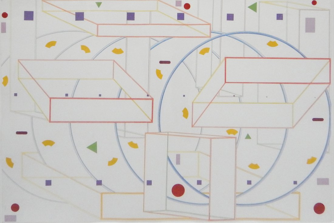 Al Held, Color Etching - Abstract 1984: From the Stone Ridge Series. Signed, dated, and numbered "32/50" on verso. Framed under glass. [Sight: 26 1/2" x 39"; Frame: 34 1/4" x 47 1/4"]. Minor surface marks, overall good condition.