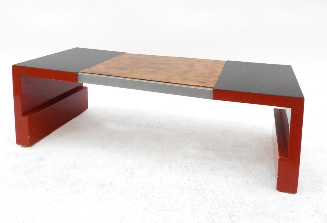 Hastings Art Deco Coffee Table: Black Bakelite, burled walnut, and cinnabar lacquer coffee table. American, ca. 1933. Manufactured by Hastings Co., Grand Rapids, Michigan. [12" x 18" D x 38" W]. Wear commensurate with age and use, i