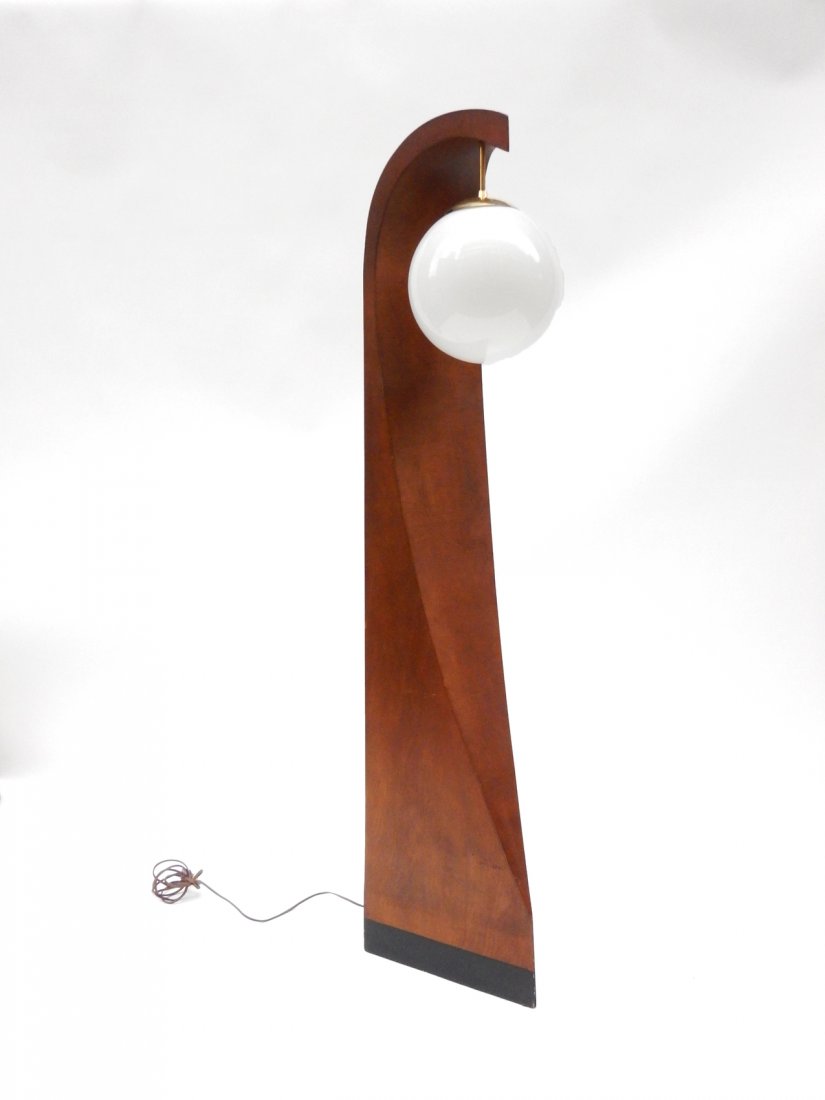 After Milo Baughman - Modern Floor Lamp: Dome shade hanging from an angular walnut veneer stand. [59" x 12" D x 12" W]. Minor scuffs.