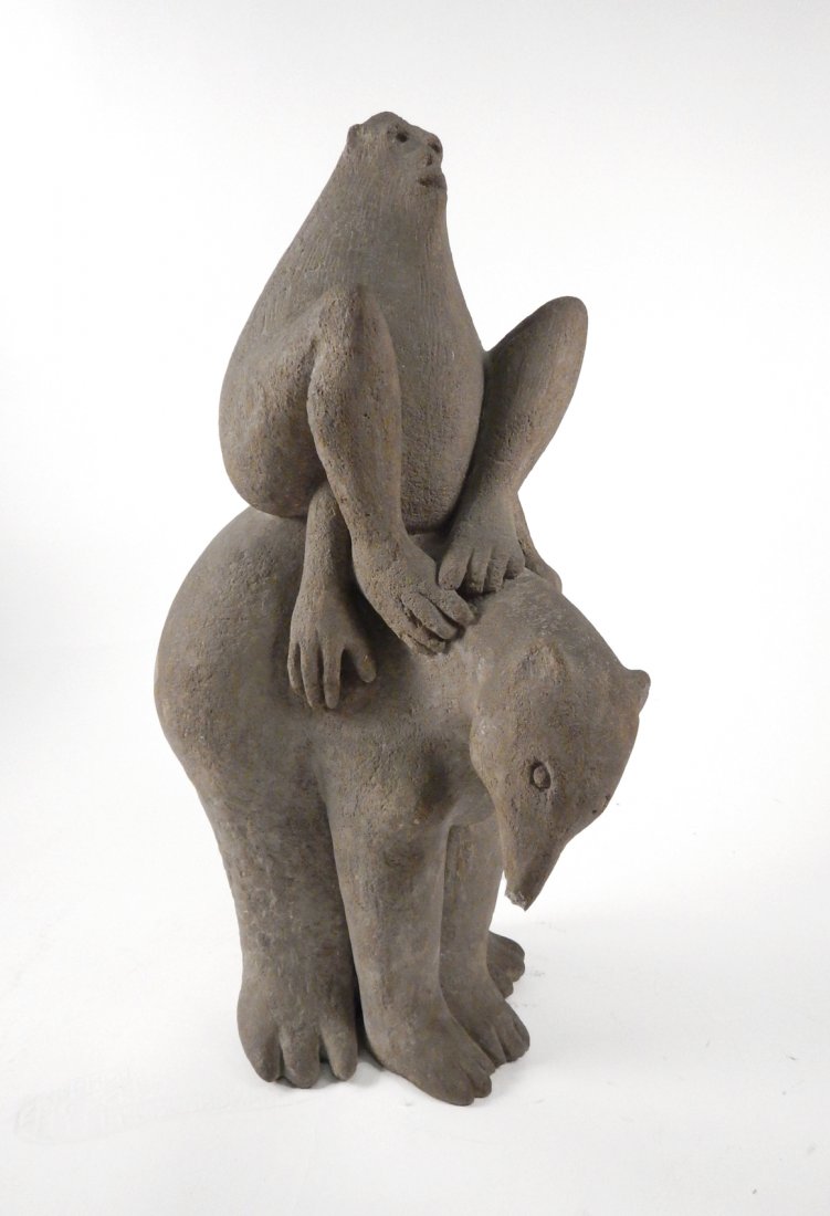Robert Lockhart - Sculpture: A modern cement sculpture depicting a monkey and a polar bear. Exhibited at the Kovler Herman Gallery, 1965, Michigan. It won second prize at the show "New Horizons in Sculpture, 1965". [26 1/2" x 17"
