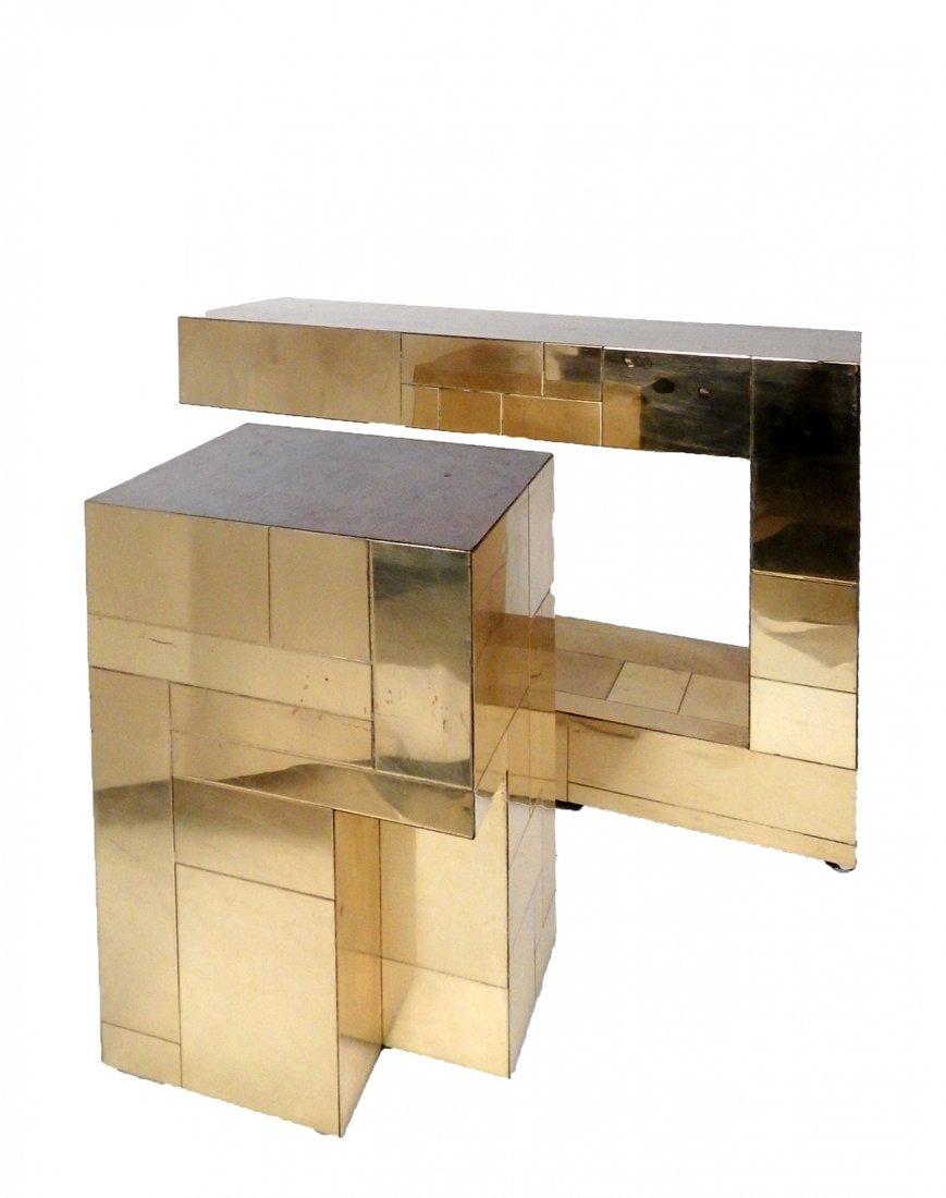 Attr. to Paul Evans, Cityscape Tables: Pair of brass "Cityscape" side tables attributed to Paul Evans. [11 3/4" W x 11 3/4" D x 20 1/2" H]. Both bear surface scratches throughout, minor dents and appear to have been repaired at bottom corn