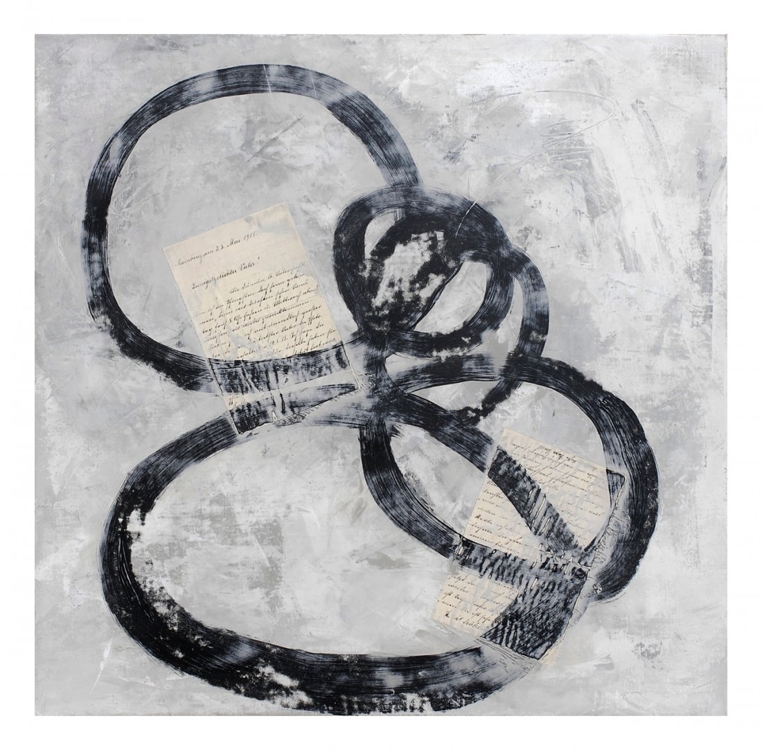 Steve McKenzie, "Kinship" 2012: Mixed media abstract accomplished in Venetian plaster and dry pigment ground, with collage and acrylic paint on linen wrapped panel. Signed on verso. [Sight: 24" H x 24" W; Frame: 28 1/4" H x 28 1/4"