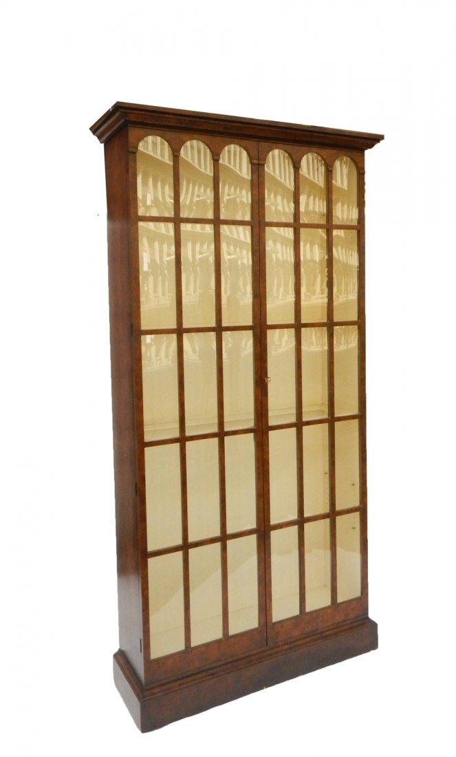 Georgian-Style Mahogany China Cabinet: Mahogany china cabinet with glazed doors and six shelves. Each door features 15 individually mounted glass panels (30 total). Bears fluorescent lights at top. [46 3/4" W x 15 5/8" D x 90 1/2" H]. Ligh