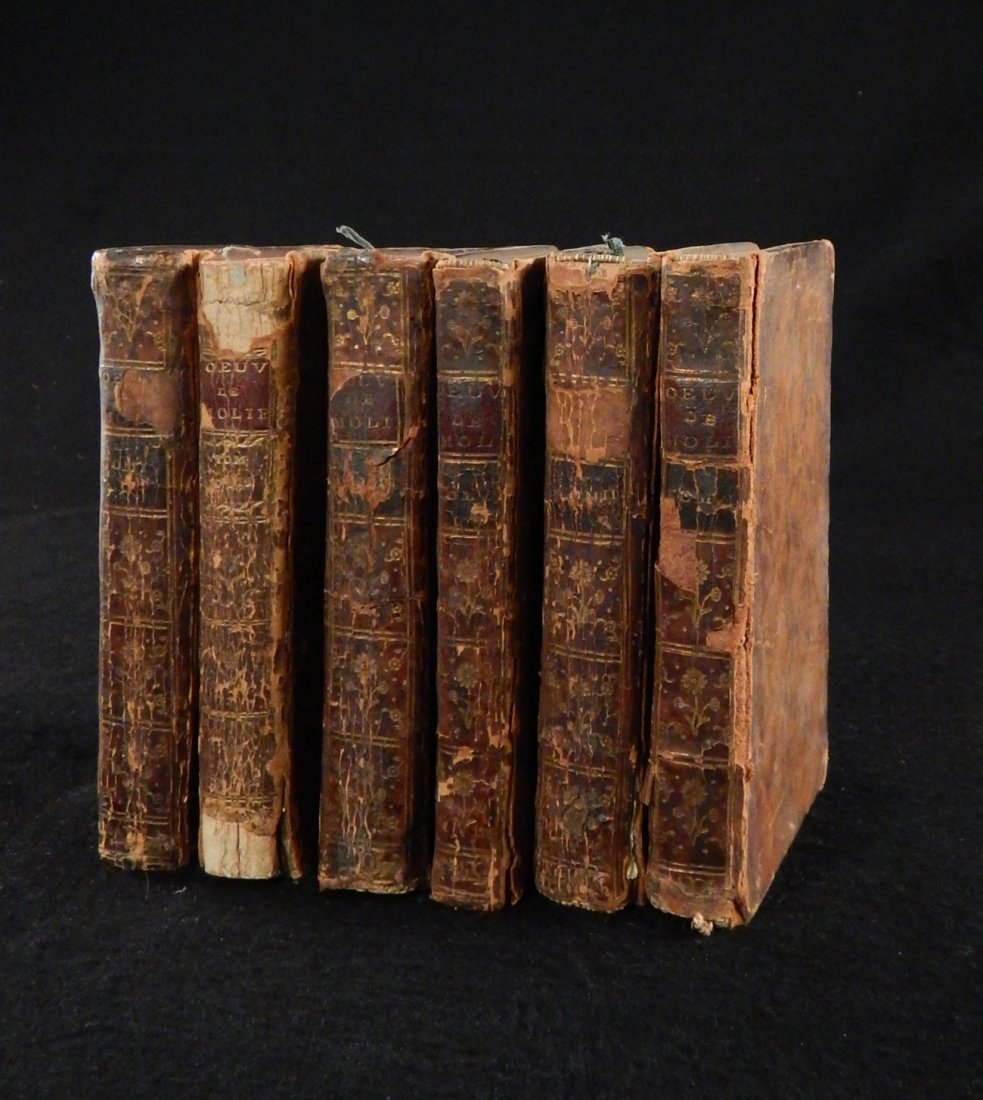 Works of Moliere, Six Volumes: Comprises "Oeuvres de Moliere" Volumes II, III, IV, VII, and VIII. Published by Chez Prault, Paris. 1753. In fair to good condition.