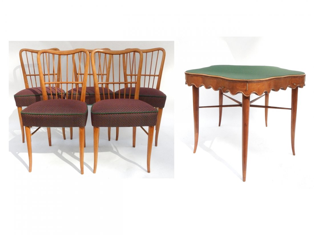 Attr. to Paolo Buffa, Table & 5 Chairs: Felt topped pentagonal shaped card table with scalloped edge. Each side bears drawer for chips, game pieces, etc. Accompanied by five matching upholstered chairs. [Table: 43" Dia x 30" H; Chairs: 19 1