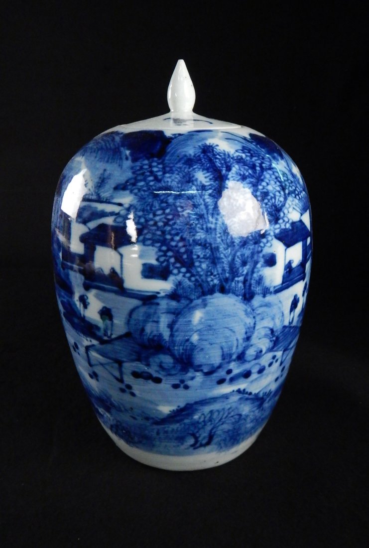 Porcelain Ginger Jar: Blue and white porcelain covered ginger jar. [13" H x 8" W]. In good condition.