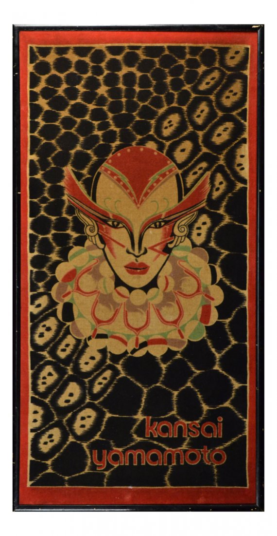 Kansai Yamamoto, Theatrical Portrait: Framed painting on fabric of a red mask. [51" x 26 3/4"]. In good condition.