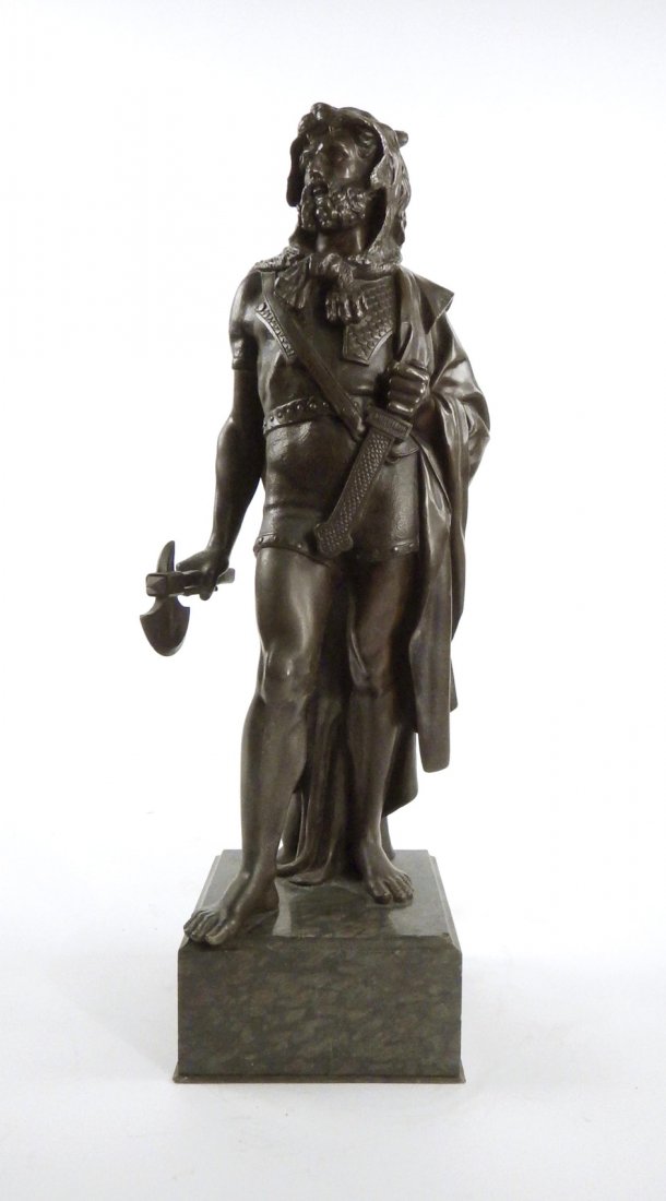 Grand Tour Bronze, Hercules: Full-length standing depiction of Hercules with lion skin cloak, ax, and sheathed dagger. Mounted on a green marble plinth base. Unsigned. Bronze only. [6 3/4" W x 6" D x 17 1/2" H (overall on base 20
