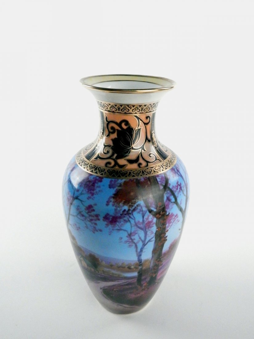 Noritake, Japanese Porcelain Vase: Hand-painted landscape surface. [5" Dia x 10" H]. Areas of light wear to surface glaze.