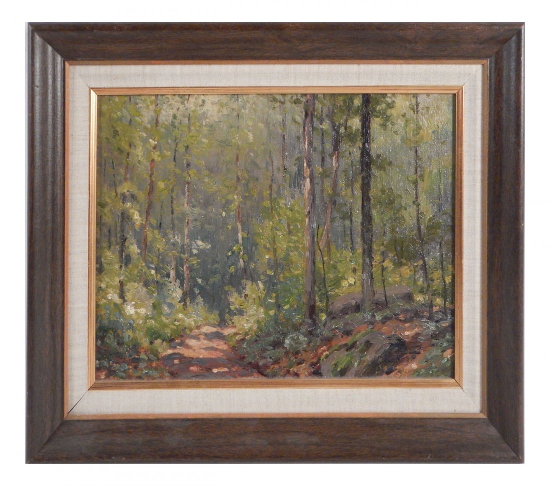 Gustav Weigand, Forest Landscape: Oil on board depicting a sun-speckled forest scene. Signed bottom right. [Sight: 9 1/2" H x 13 1/2" W; Frame: 14 1/4" H x 18 1/4" W]. Light surface grime.