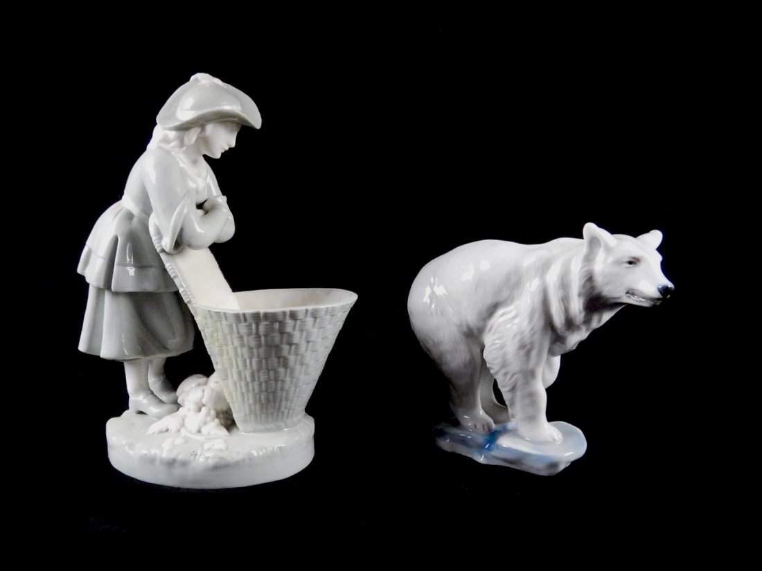 Minton Girl, Rosenthal Bear: Comprises: 1.) Green and white glazed girl standing at a basket by Minton, England. 2.) Polar bear by Rosenthal, Germany. [Sizes 5 3/4" x 9" H x 6" - 7" Long]. Both in good condition.